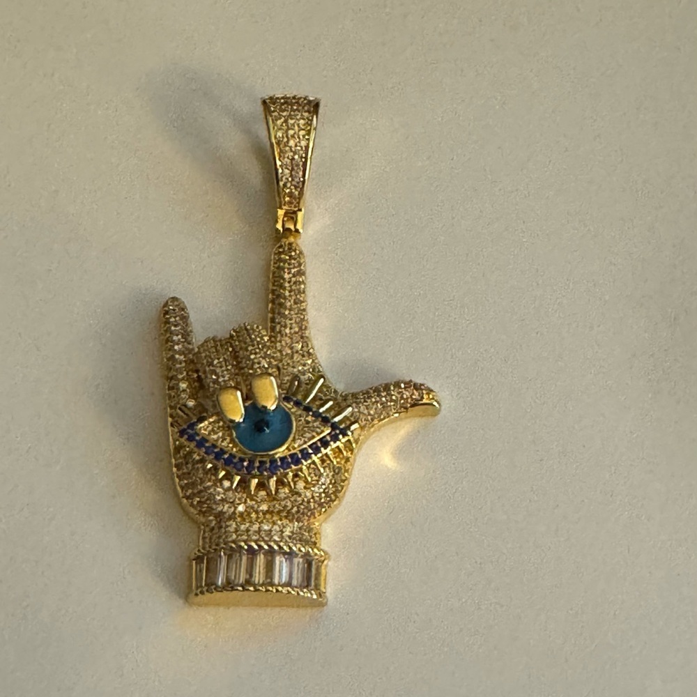 Rock N Roll Hand Evil Eye Pendant ICY Gold and Blue Hand Pendant